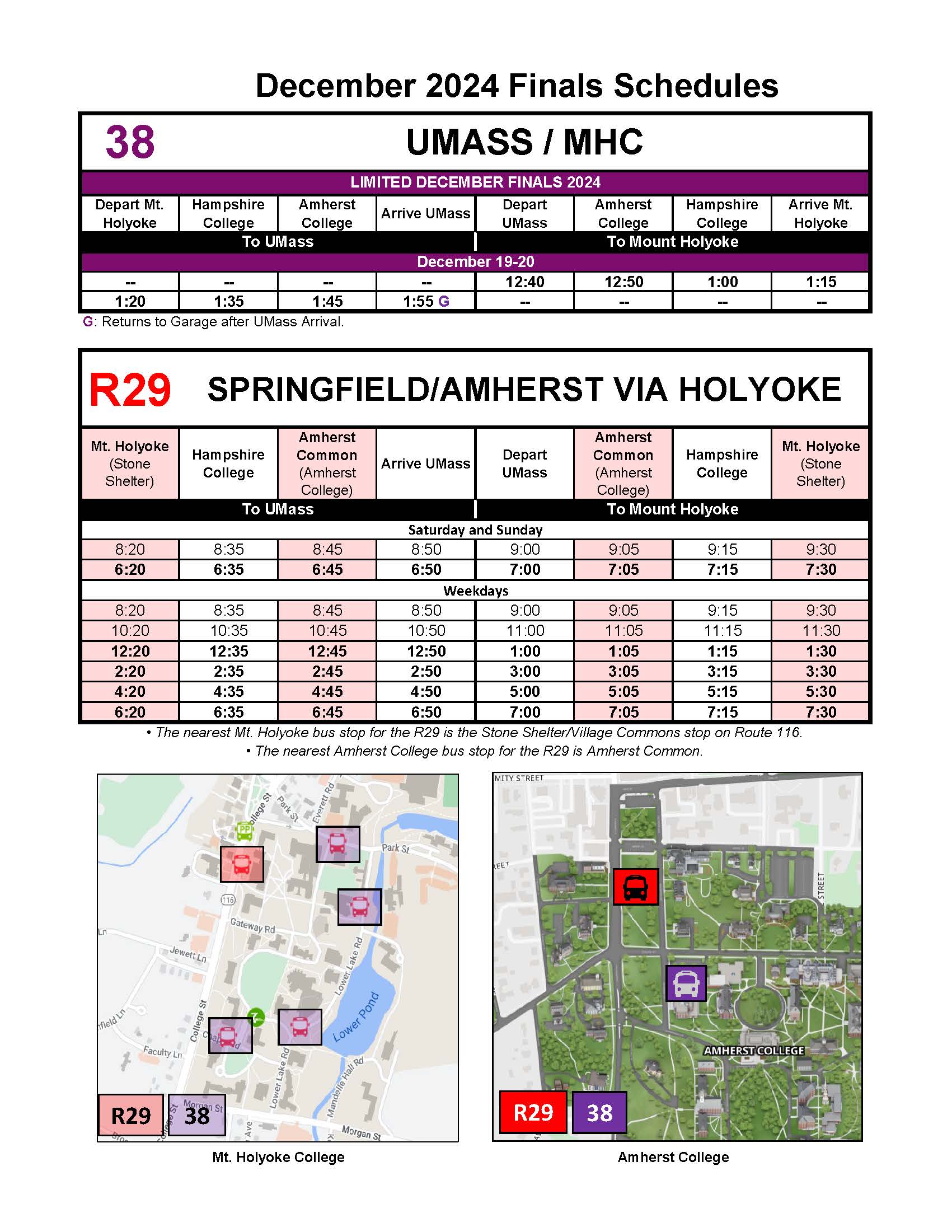 Schedules of finals on the 38 and R29, and a map of bus stops. 