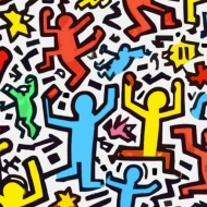 vibrant red yellow blue and green human-like cartoon figures on a white backdrop 
