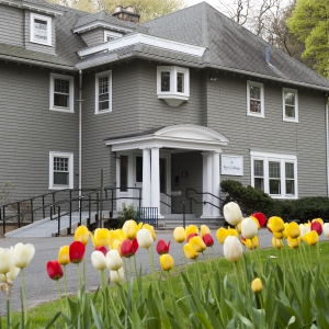 Five College headquarters with tulips in bloom